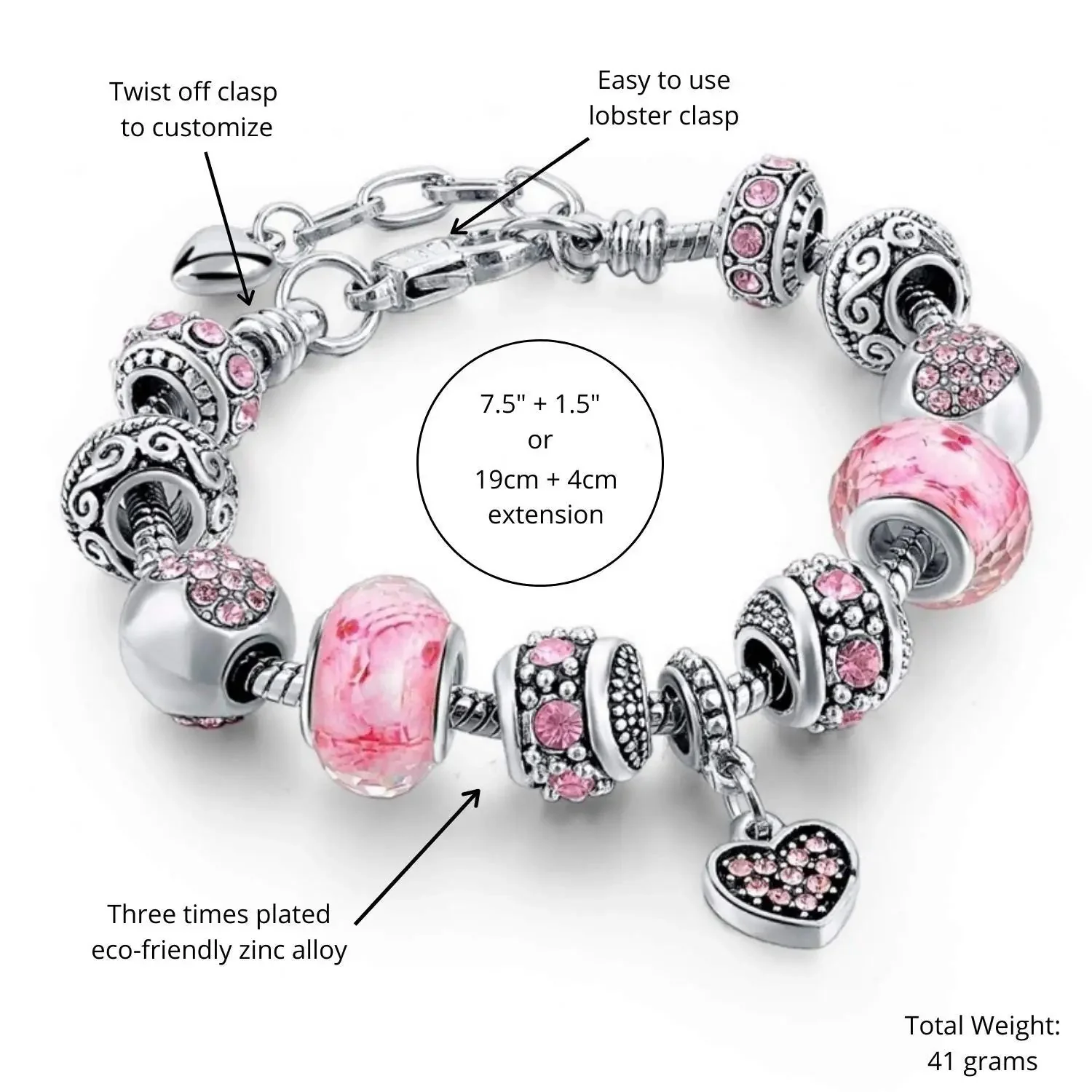 Pink Hearts Silver Plated Charm Bracelet Set - Image 3