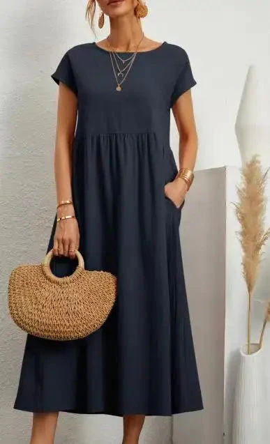 Solid Color Sleeveless Cotton and Linen Loose Pocket Dress - Image 14