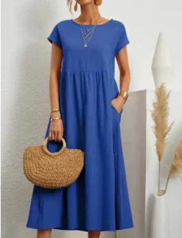 Solid Color Sleeveless Cotton and Linen Loose Pocket Dress - Image 21