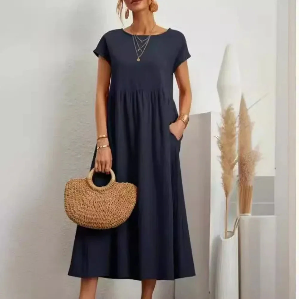 Solid Color Sleeveless Cotton and Linen Loose Pocket Dress - Image 3