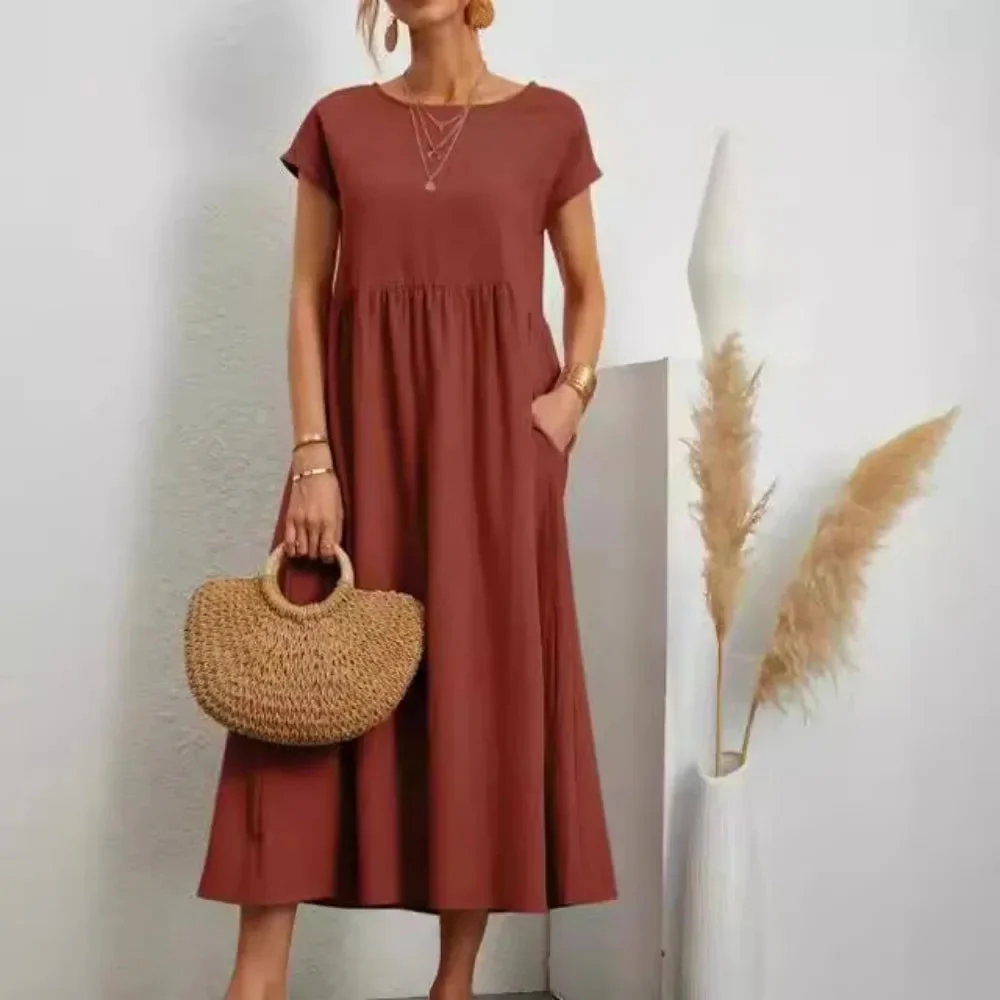 Solid Color Sleeveless Cotton and Linen Loose Pocket Dress - Image 4