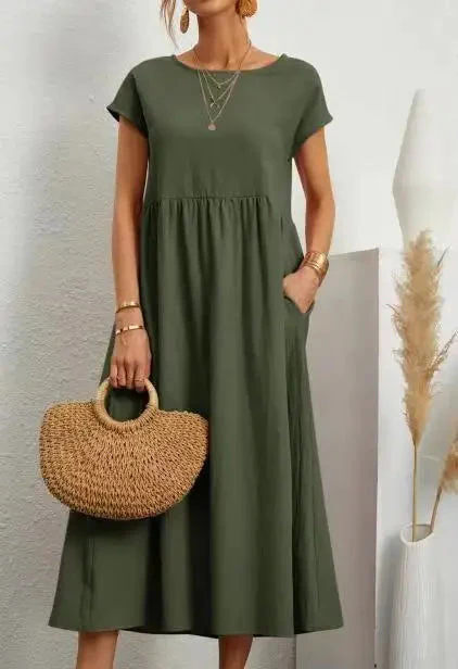Solid Color Sleeveless Cotton and Linen Loose Pocket Dress - Image 9