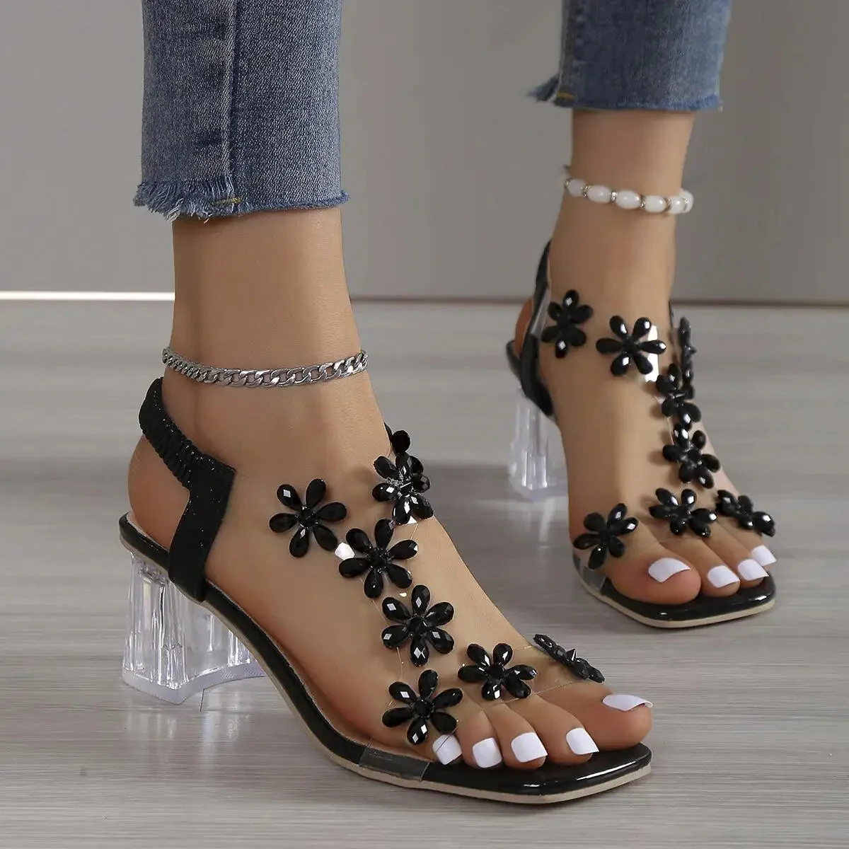 Women's Flower Rhinestone Block Heel Sandals - Image 3