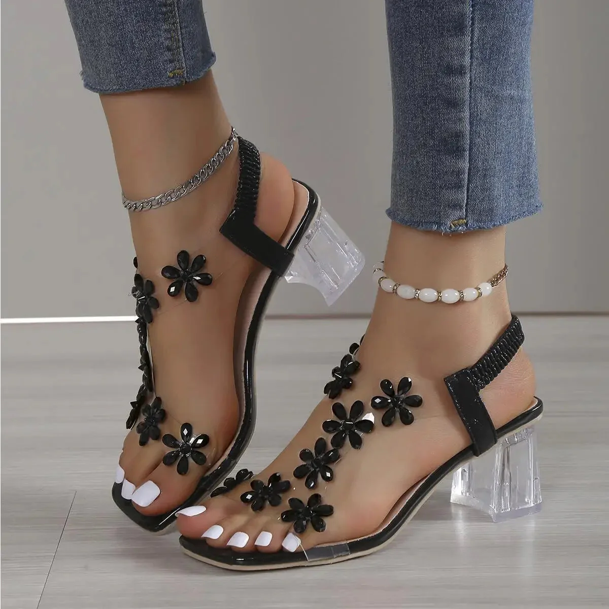 Women's Flower Rhinestone Block Heel Sandals - Image 4